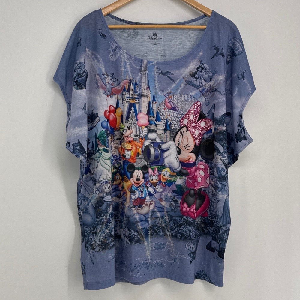 Disney Parks Top Women L Blue Mickey Minnie Castle All Over Print Dolman Sleeve
